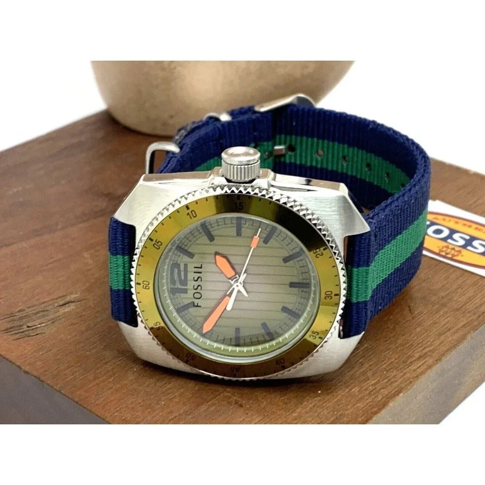 Fossil Mens Watch WB1043 Quartz Green Dial 38mm Stainless Steel Case Nylon Strap